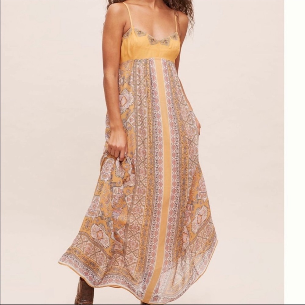 Anthropologie Yellow Patterned Boho Maxi Dress